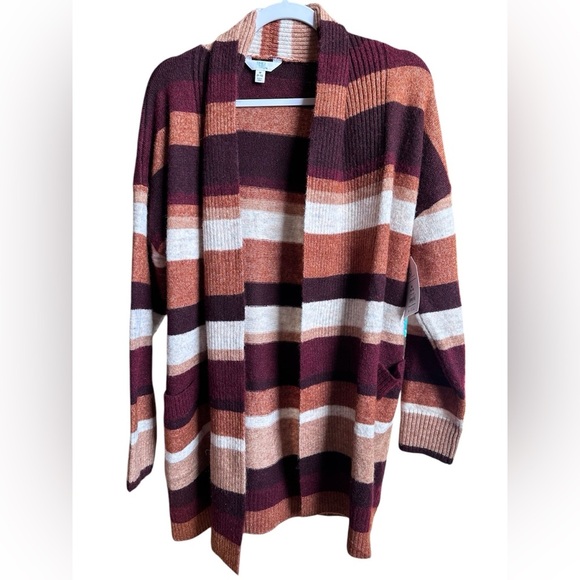 Time and True Women's Medium Red, Rust, Cream Colored Striped Open Cardi… - Picture 2 of 6